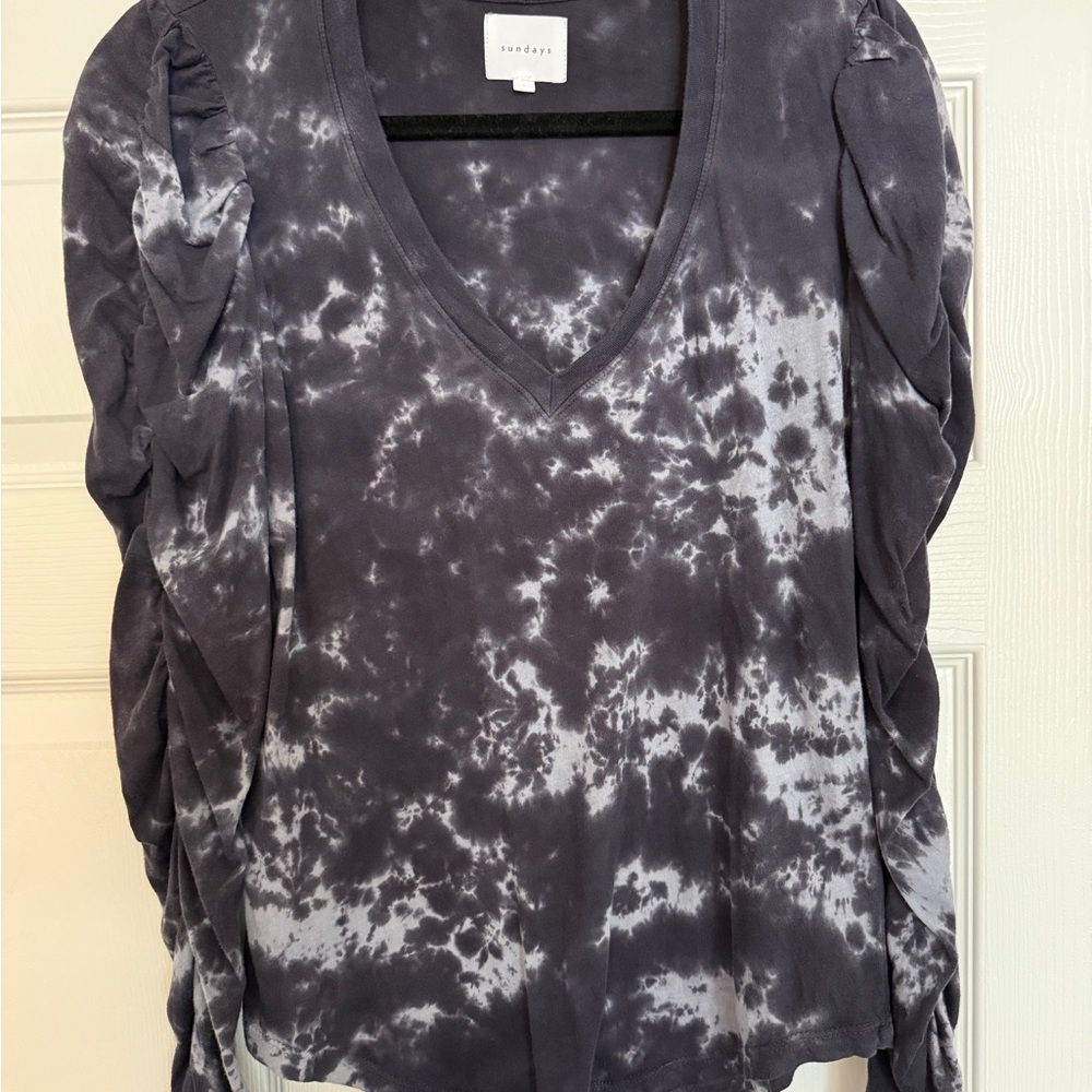 Sundays Navy Blue and Light Blue Tie-Dye V-Neck Cotton Blouse
